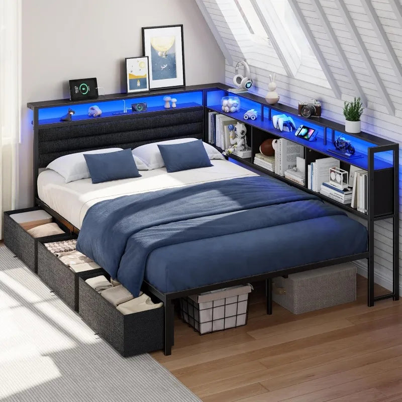 Corner Bed Frame with 3 Storage Drawers, LED Lights & Charging stations