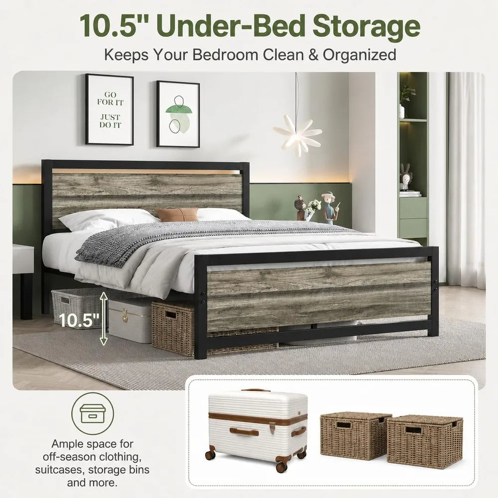 Queen Size Metal Platform Bed Frame with Headboard, 10.5 Inch Underbed Storage Clearance, Heavy Duty Steel Slat Support, No Box Spring Required, Easy Assembly