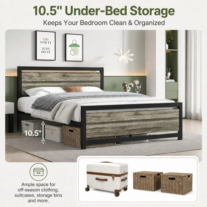 Queen Size Metal Platform Bed Frame with Headboard, 10.5 Inch Underbed Storage Clearance, Heavy Duty Steel Slat Support, No Box Spring Required, Easy Assembly