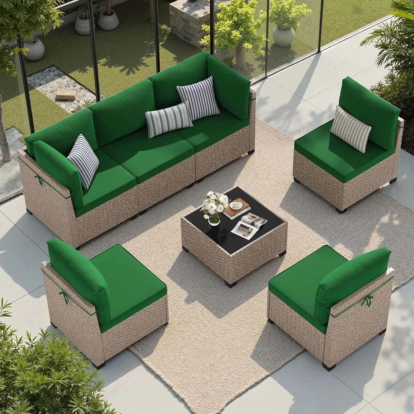 7-Piece Patio Furniture Set, Outdoor Rattan Sectional Sofa with Tempered Glass Table, All-Weather, for Garden, Porch, Backyard