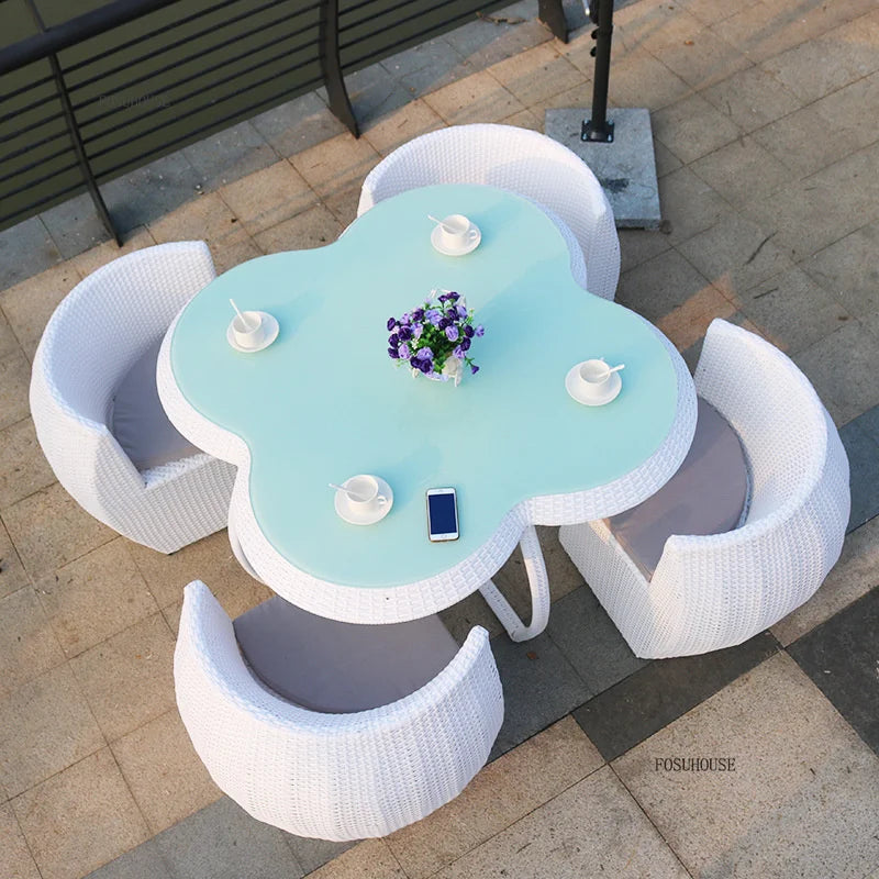 Outdoor Patio Tables and Chairs Set  Waterproof Tempered Glass Tea Table  Rattan Chairs