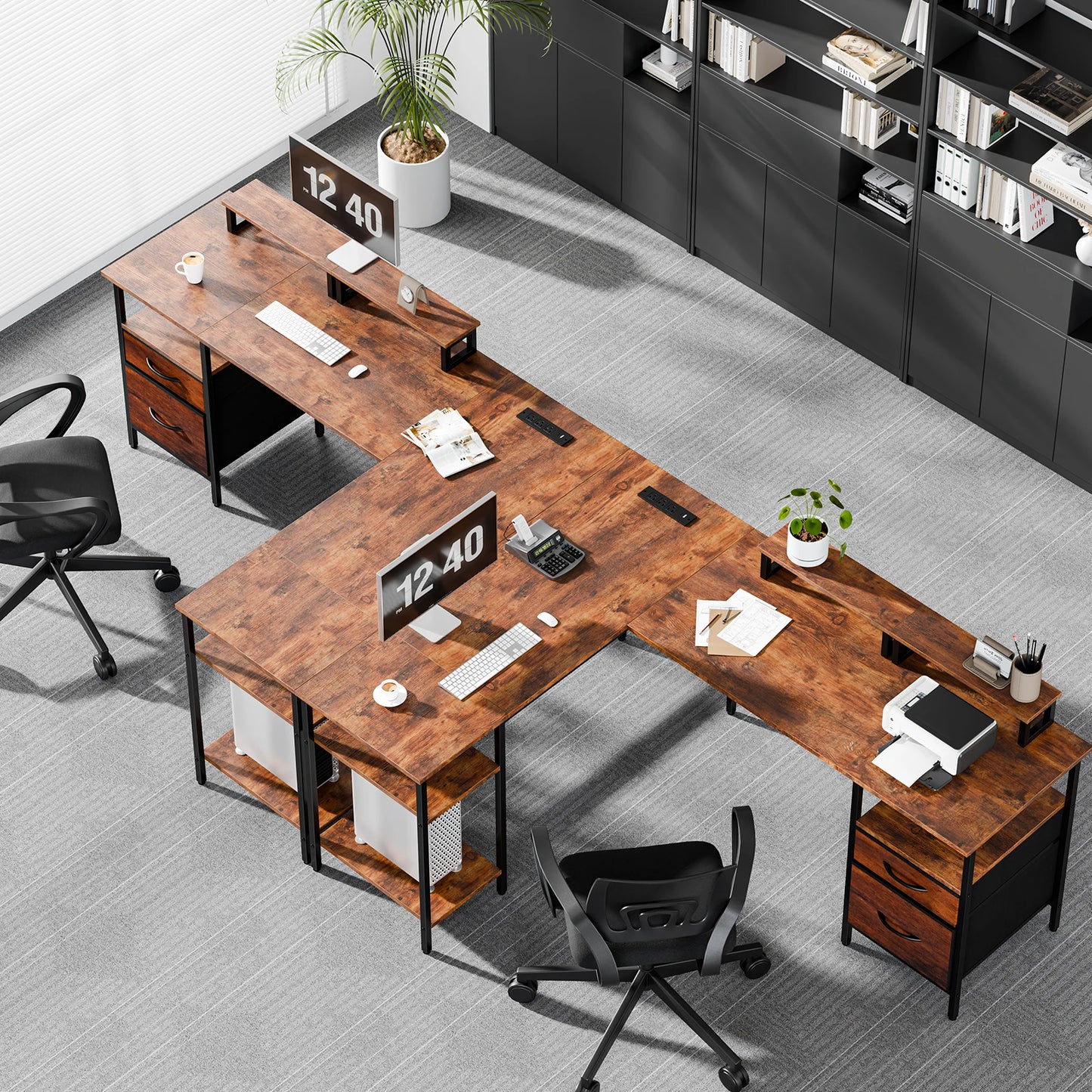 62IN L Shaped Computer Desk with 2 Drawers Wood Table with Adjustable Storage Shelves Charging Station for Desk for Office