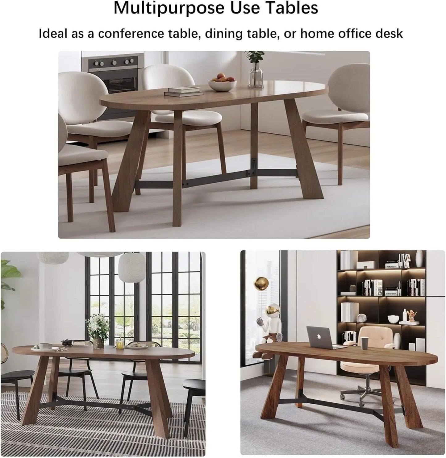 70.86in Rustic Oval  Farmhouse Wood Kitchen Table with Sturdy Tapered Legs for 6-8 Persons