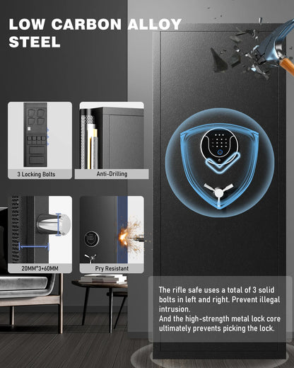 16-18 Large Unassembled Biometric Fingerprint Safe, Gun Safe for Rifles and Pistols with Mute Function & Dual Alarm, Adjustable Shelf