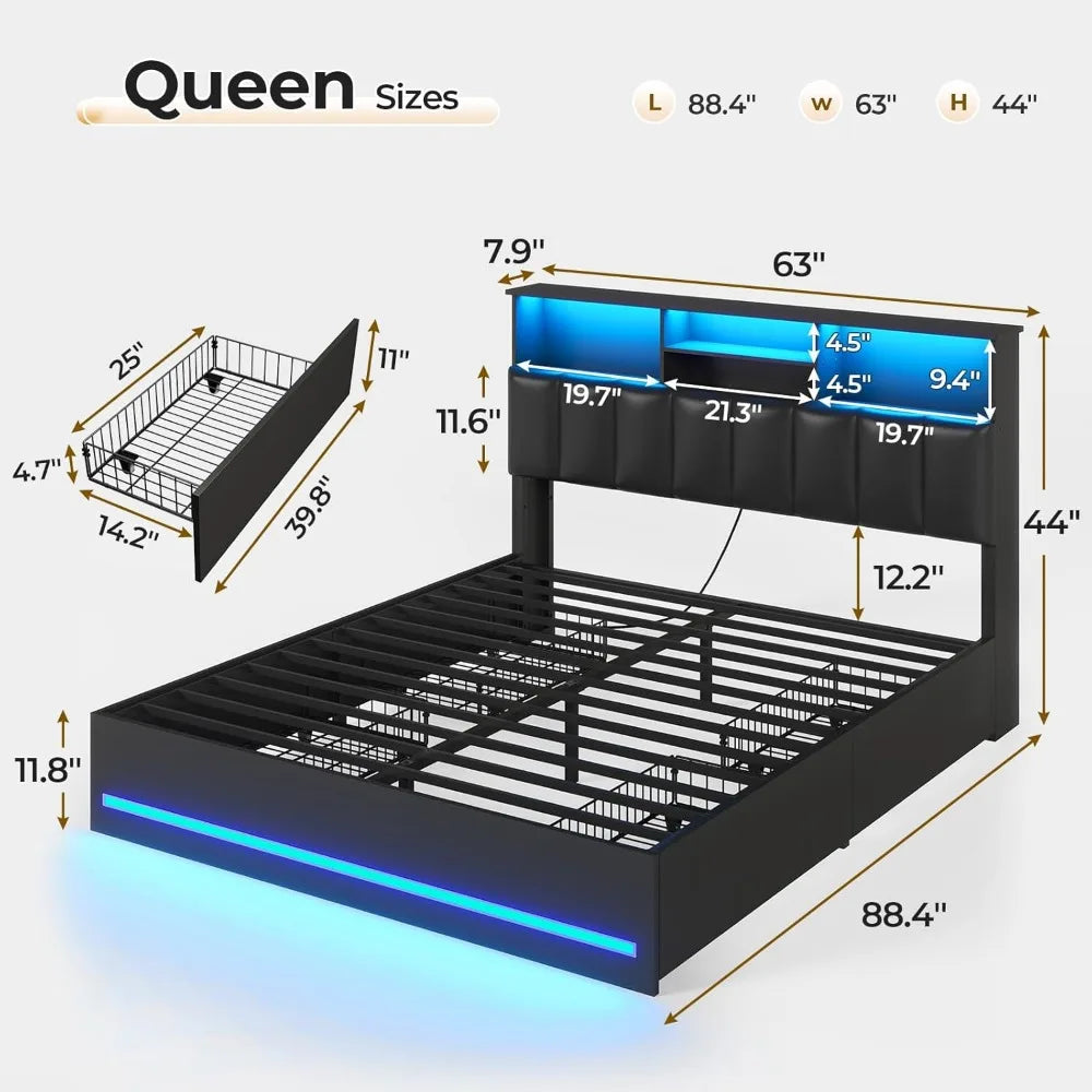 Bed Frame with Bookcase Headboard, Wooden Bed Frame with Charging Station, Storage Drawers and LED Lights, Customized