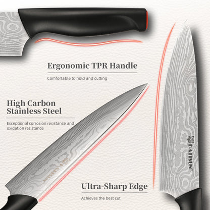 15 Pieces Damascus Pattern Kitchen Knife Block Set, Ergonomic Black Anti-Slip Handle with Red Trim, Includes Sharpener