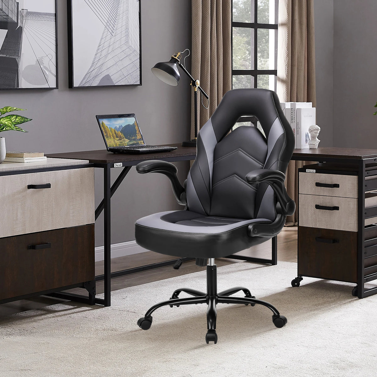 MCQ Gaming Chair Ergonomic Office Chair with Swivel Rolling Adjustable PU Leather Racing Chair Flip-up Armrest For Furniture