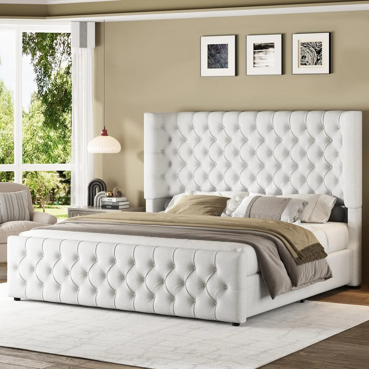 King Size Platform Bed Frame, 6.3” Thick Upholstered Curved Wingback Headboard and Footboard with Deep Button Tufted