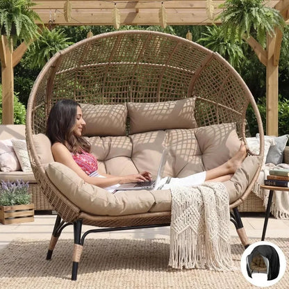Indoor / Outdoor Stationary Oversized Double Egg Chair   6.5" Thick Padded Cushions, 2 Person Wicker Egg Loveseat Chair
