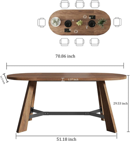70.86in Rustic Oval  Farmhouse Wood Kitchen Table with Sturdy Tapered Legs for 6-8 Persons