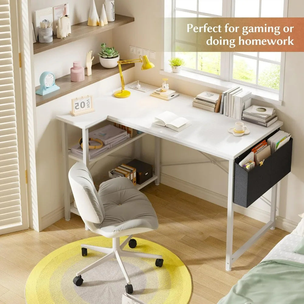 40" White L Shaped Corner Desk with Storage Shelves Side  Power Outlets