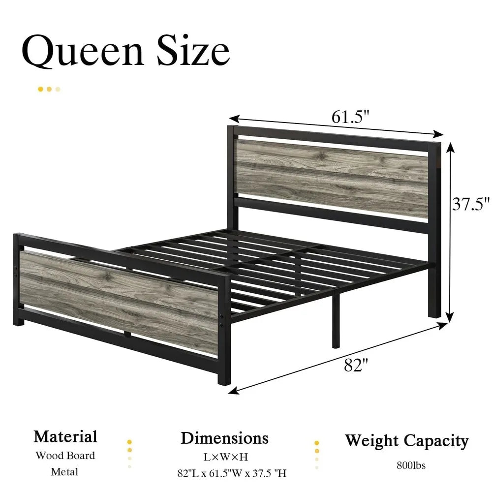 Queen Size Metal Platform Bed Frame with Headboard, 10.5 Inch Underbed Storage Clearance, Heavy Duty Steel Slat Support, No Box Spring Required, Easy Assembly