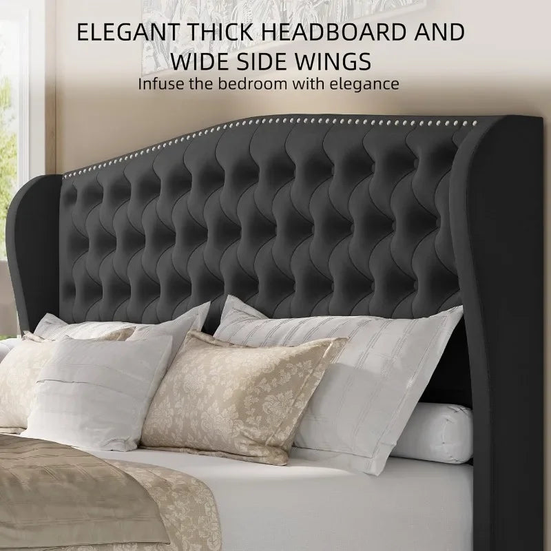 Velvet Tufted King  Size Bed Frame  with Wingback Headboard & Footboard,
