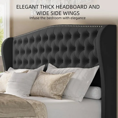 Velvet Tufted King  Size Bed Frame  with Wingback Headboard & Footboard,