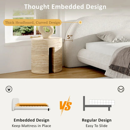 King Size Bed Frame with Boucle Fabric, Upholstered Platform Bed with Curve-Shaped Design and Thick Headboard