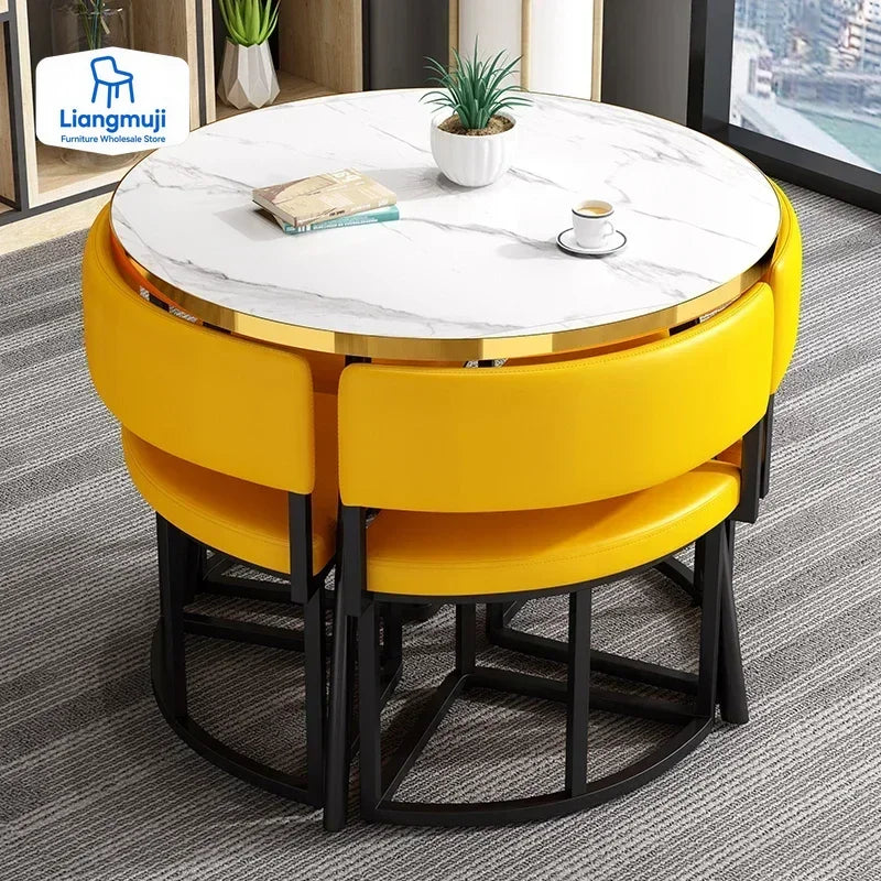 Round Luxury White Mobile Dining Table  Set with 4 Chairs