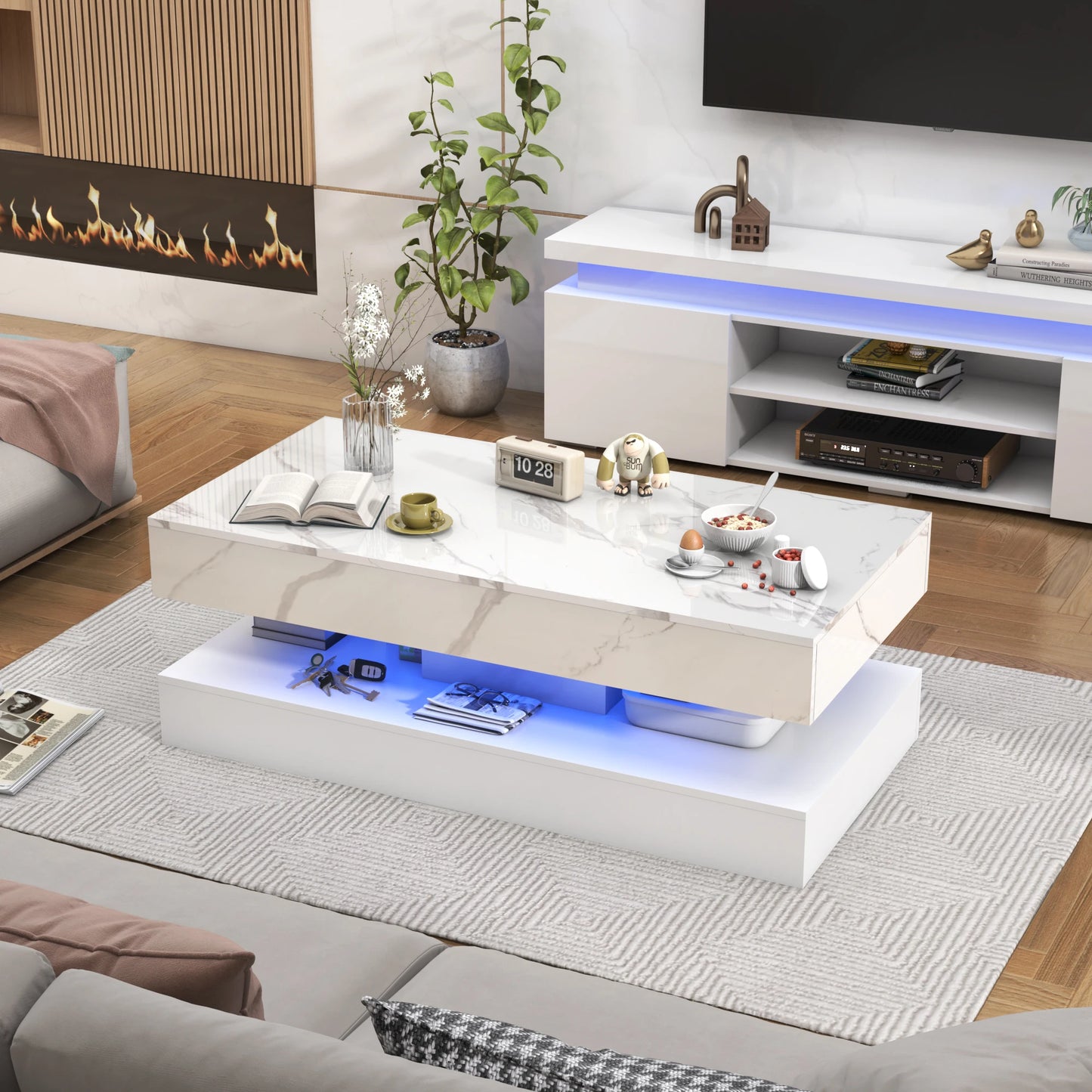 Modern  Coffee Table with LED lights, Double-Layer Design for Living Room Coffee Table with 2 Storage Drawers