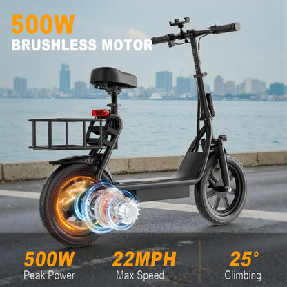 14‘’ Electric Scooter with Seat for Adult, 20MPH Speed Power by 500W Motor, 48V/10.4Ah Battery,28miles Max Range Wider Deck & Height Carry Basket