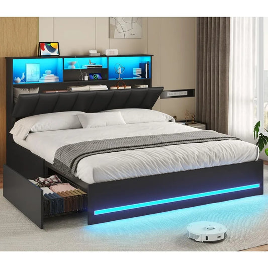 Bed Frame with Bookcase Headboard, Wooden Bed Frame with Charging Station, Storage Drawers and LED Lights, Customized