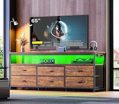 63 Inch LED TV Stand with Power Outlets, Fabric Drawers TV Stand