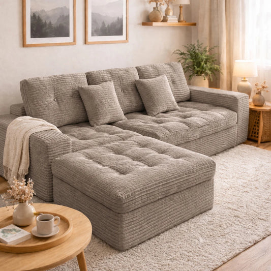 105 Inch Modular Cloud Sofa Set, DIY Convertible Sectional Couch with Movable Ottoman, Pure High Density Foam Cushion, Plush Faux Rabbit Fur Velvet Upholstered Deep Seat Sofa for Modern Living Room Apartment Small Space Famil
