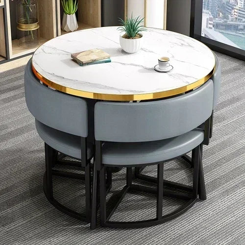 Round Luxury White Mobile Dining Table  Set with 4 Chairs