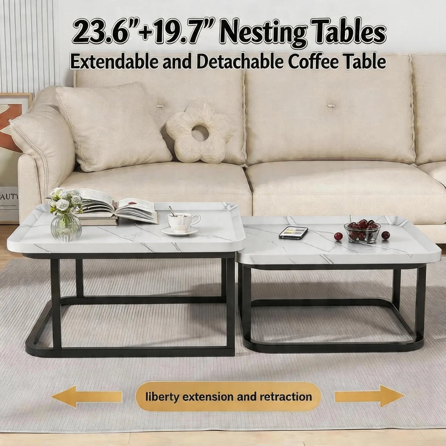 Square Nesting Coffee Tables Set Of 2, Space Saving Small End Table Set For Living Room Bedroom Balcony, Fluted Side Tables Set