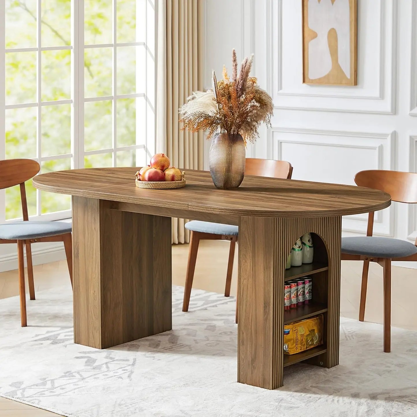 Round Fluted Base Modern Oval Expandable Kitchen Dining Table ,41-78in Seats 4-8