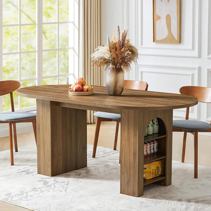 Round Fluted Base Modern Oval Expandable Kitchen Dining Table ,41-78in Seats 4-8
