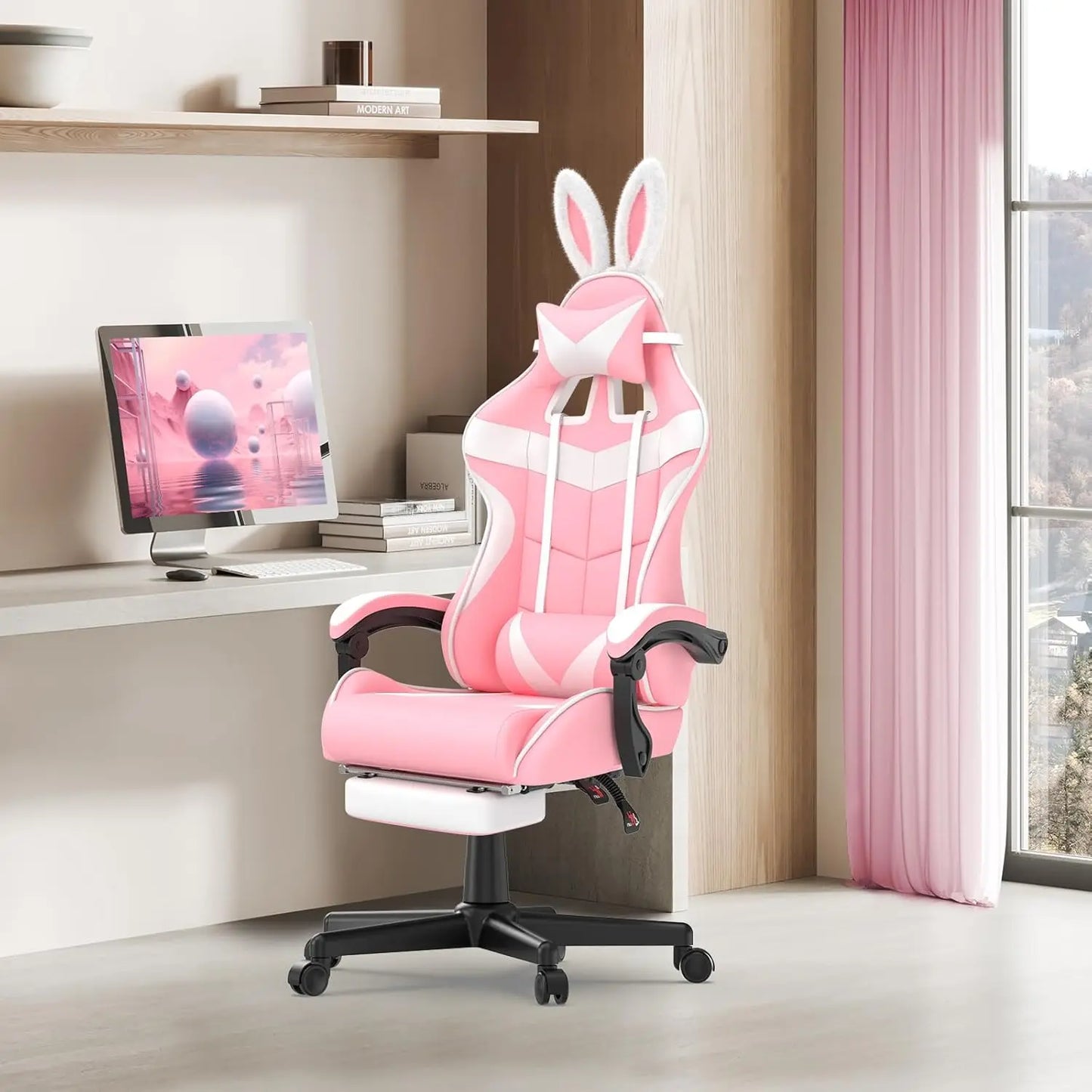 Pink Ergonomic Gaming Chair with Bunny Ears Footrest Headrest Lumbar Support for Home Office