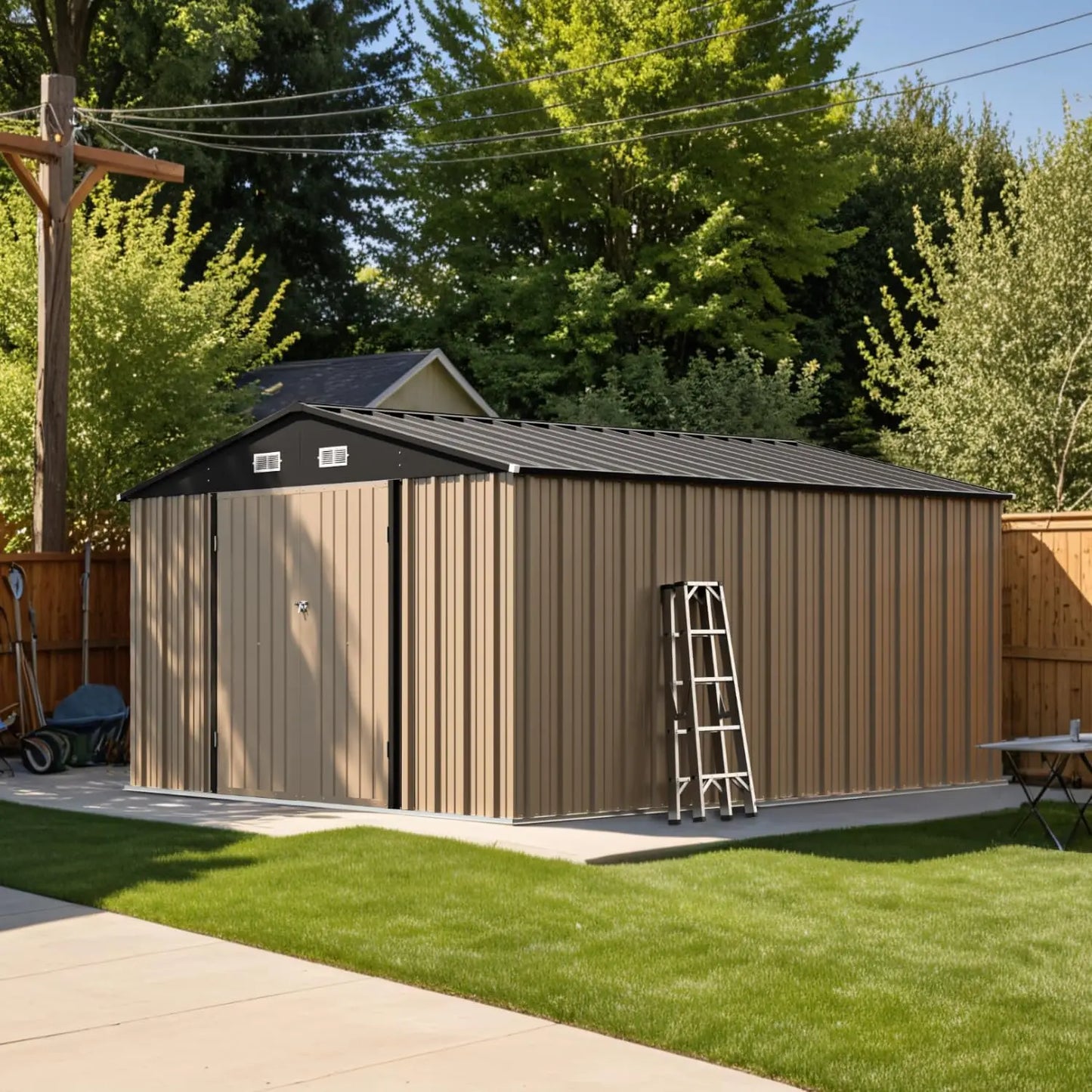 10 x 12 FT Outdoor Storage Shed, Large Metal Shed Storage with Lockable Doors and Steel Frame,