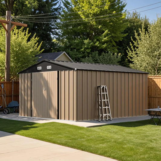 10 x 12 FT Outdoor Storage Shed, Large Metal Shed Storage with Lockable Doors and Steel Frame,