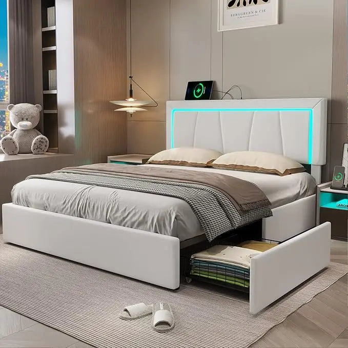 Queen Size Platform Bed  with Artificial Leather Headboard with 4 Storage Drawers Underneath