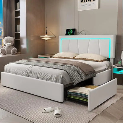 Queen Size Platform Bed  with Artificial Leather Headboard with 4 Storage Drawers Underneath