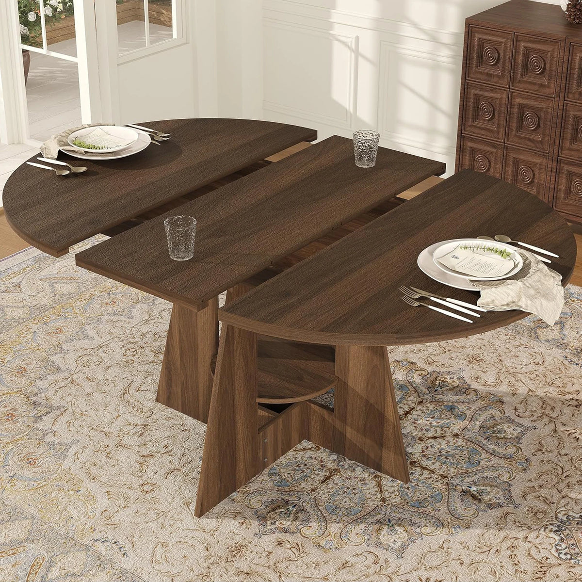 43.3-59 Inch Extendable Round Dining Table, Oval Table For 4-8, Pedestal Base With Storage Shelf, Natural Wood Kitchen Table