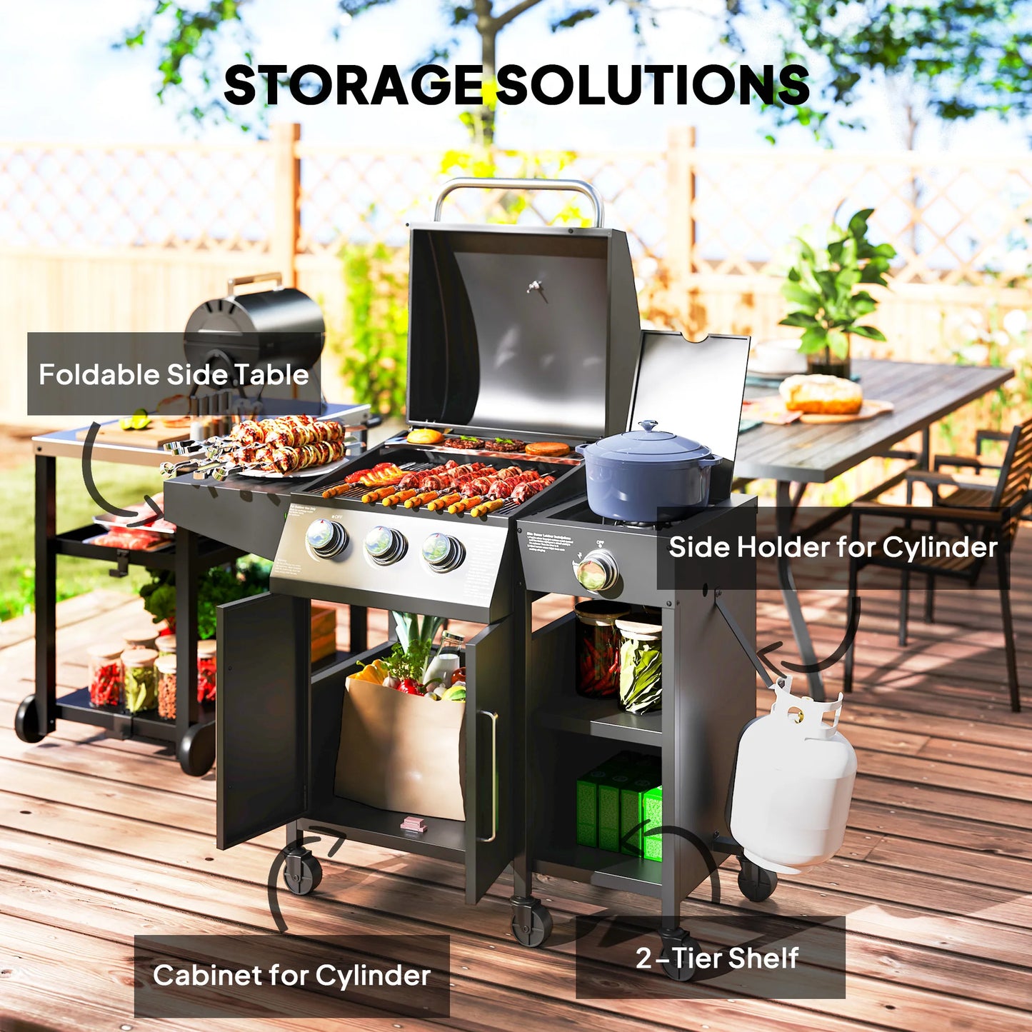3 Burner Gas Grill with Side Burner and Shelves, Propane BBQ Grill