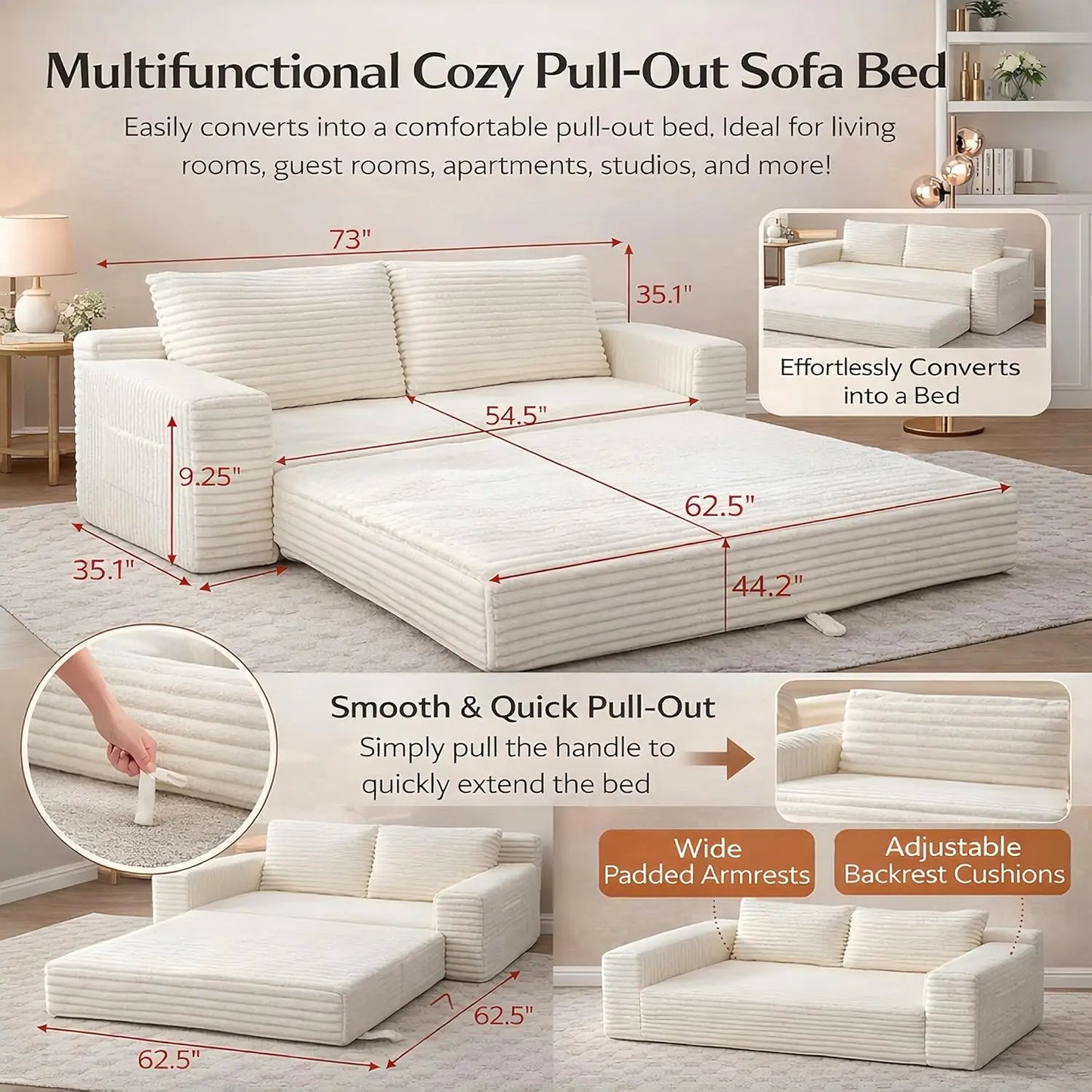 73" Convertible Sleeper Sofa, Comfy Corduroy Foldable Sofa Bed with 2 Pillows, Floor Sofa Lounge Couch
