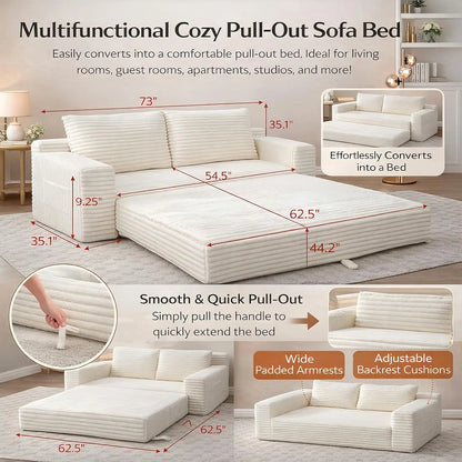 73" Convertible Sleeper Sofa, Comfy Corduroy Foldable Sofa Bed with 2 Pillows, Floor Sofa Lounge Couch