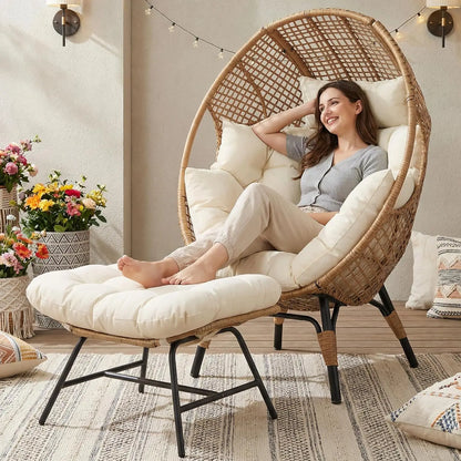 Indoor Outdoor Egg Chair with Ottoman Thick Cushioned Lounge w/Footrest 440lbs for Patio Balcony Bedroom Sunroom, Customized