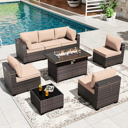 8 Pieces Patio Furniture Set with Fire Pit Table, All Weather Rattan Outdoor Furniture with 29.5'' High Backrest, Customized