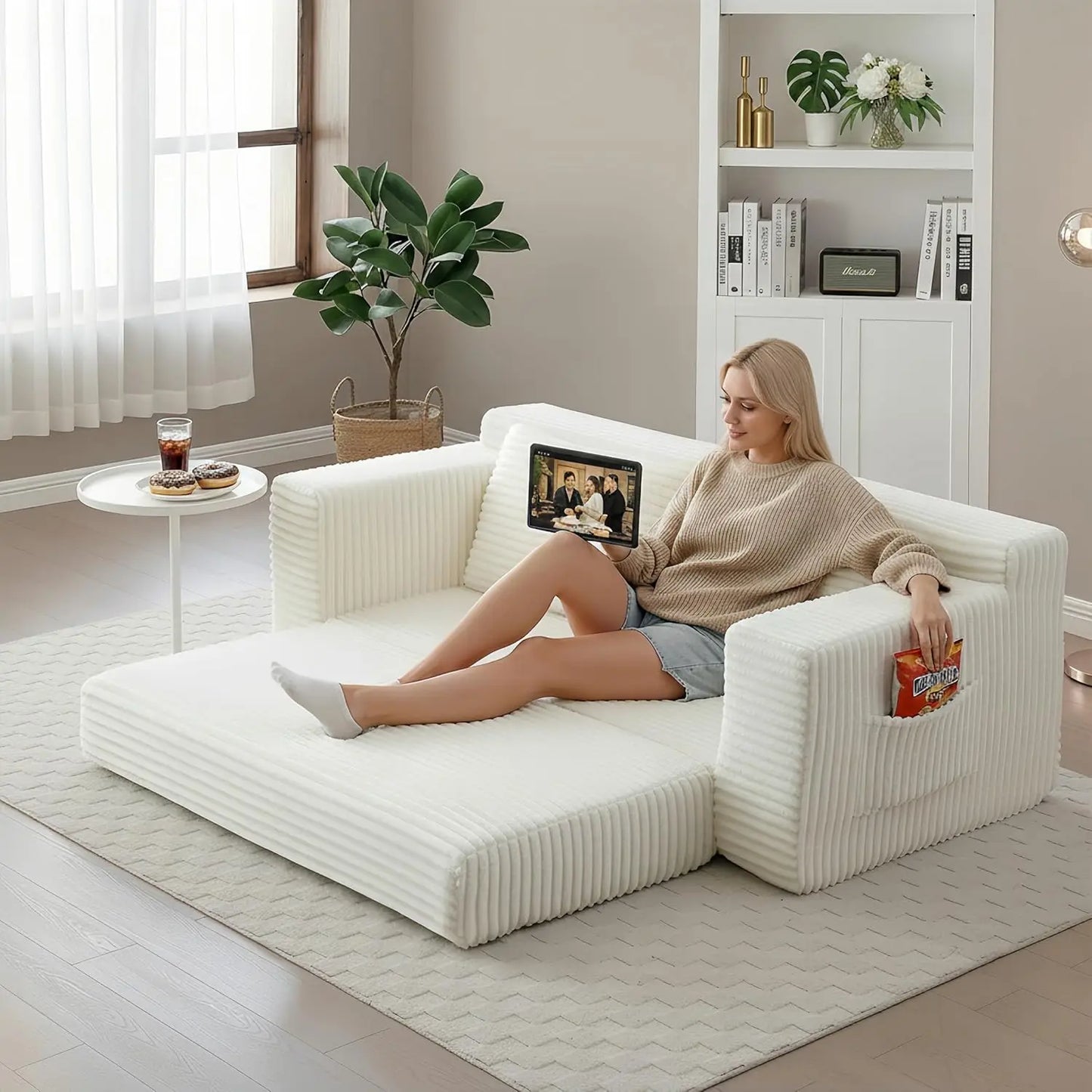 73" Convertible Sleeper Sofa, Comfy Corduroy Foldable Sofa Bed with 2 Pillows, Floor Sofa Lounge Couch
