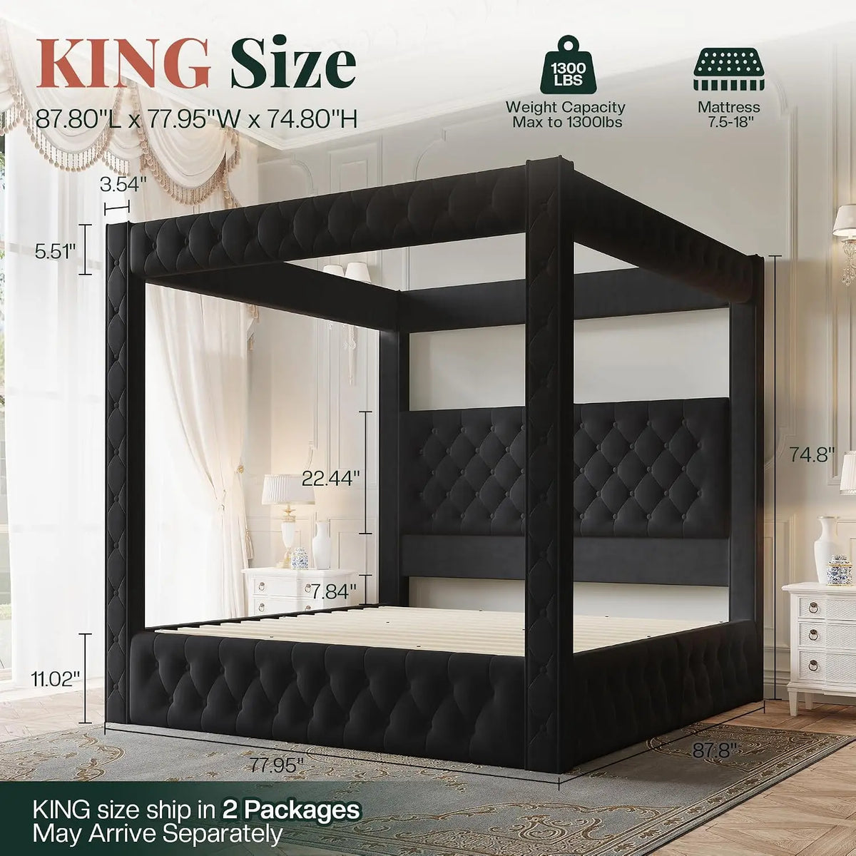King Canopy Bed Frame Velvet Upholstered Deep-tufted Headboard 74.8" Tall Four Poster USB-A & USB-C Outlets