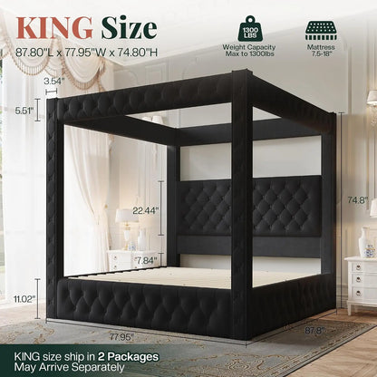 King Canopy Bed Frame Velvet Upholstered Deep-tufted Headboard 74.8" Tall Four Poster USB-A & USB-C Outlets