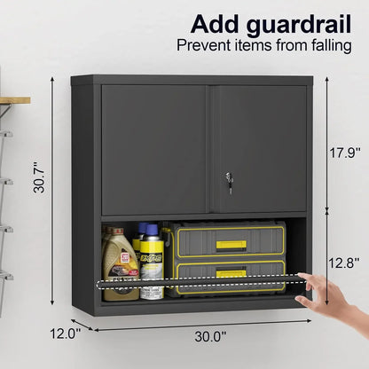 31" H Metal Garage Storage Cabinet, Black | Doors and Shelves, Lockable with Lock, Wall Mount, Hanging Cabinet, For Utility Room