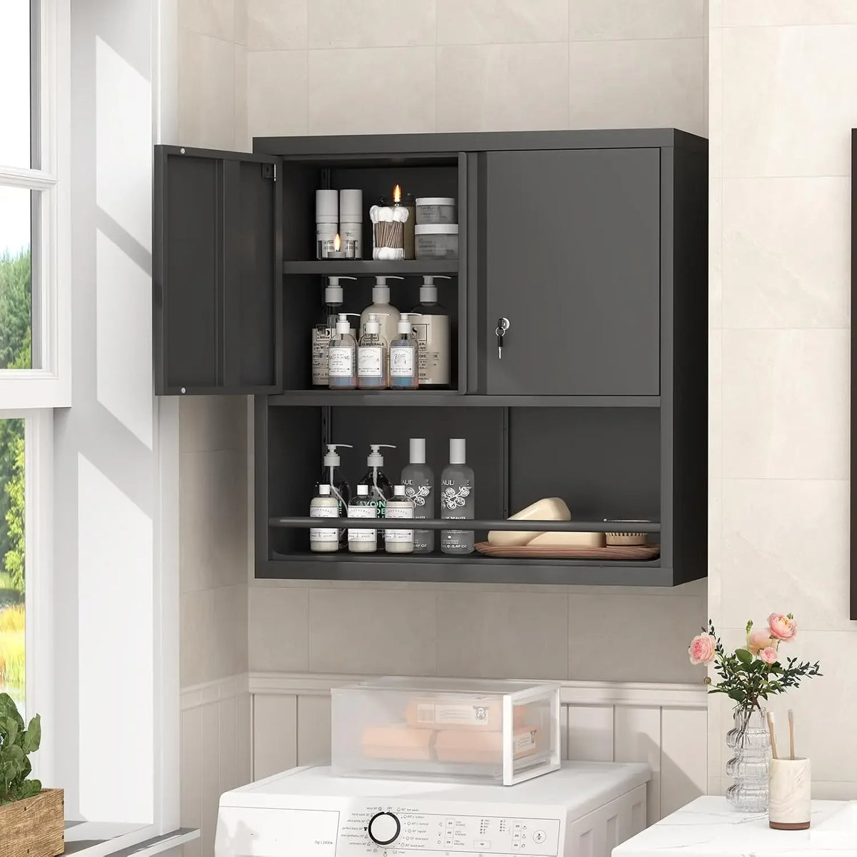 31" H Metal Garage Storage Cabinet, Black | Doors and Shelves, Lockable with Lock, Wall Mount, Hanging Cabinet, For Utility Room