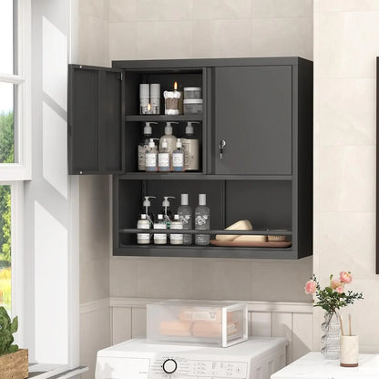 31" H Metal Garage Storage Cabinet, Black | Doors and Shelves, Lockable with Lock, Wall Mount, Hanging Cabinet, For Utility Room