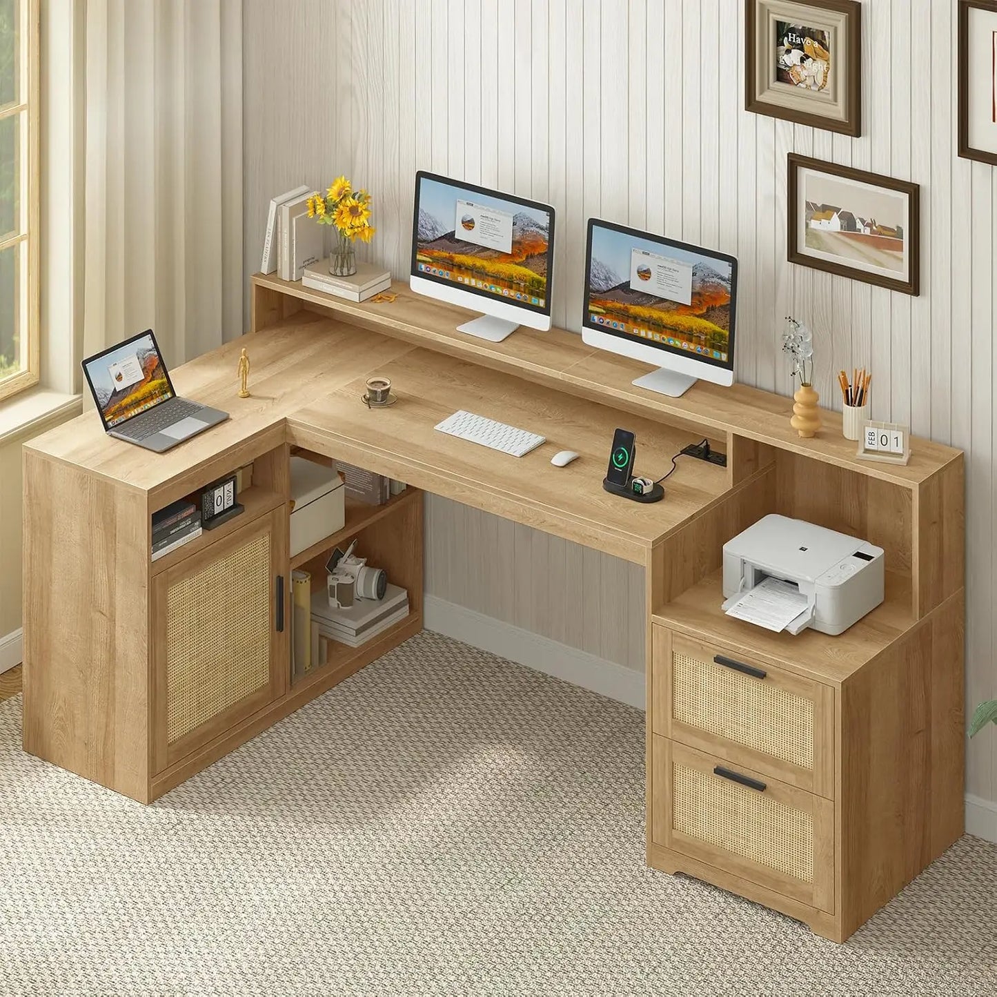 62.2" Farmhouse L Shaped Home Office Desk, Drawers, Storage Shelves & Power Outlet