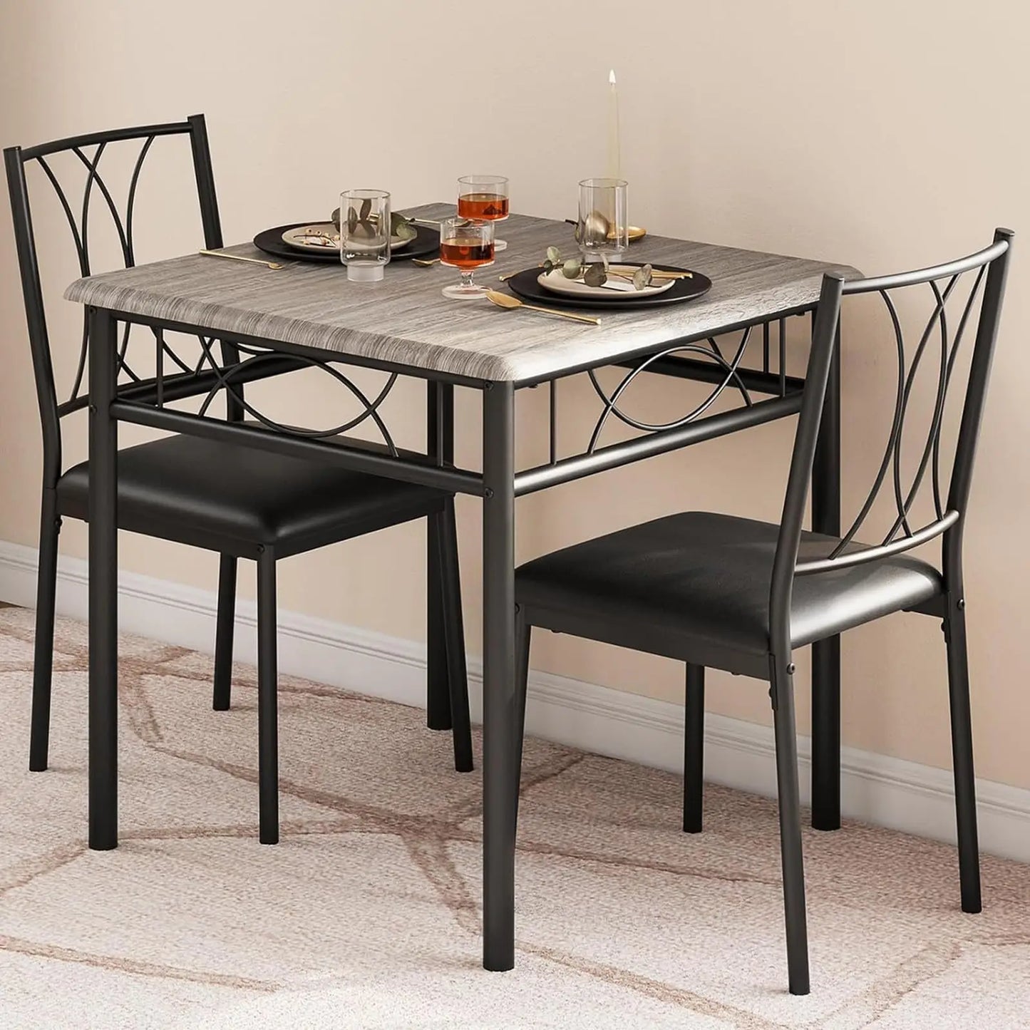 3-Piece Wood Dining Table Set for 2, Compact Square Kitchen Table Set with 2 Upholstered Chairs
