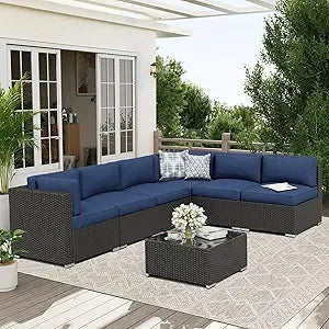 Black Rattan Wicker Sectional  Outdoor Patio Furniture Sofa Set  with Glass Top Table and Cushions (Red)