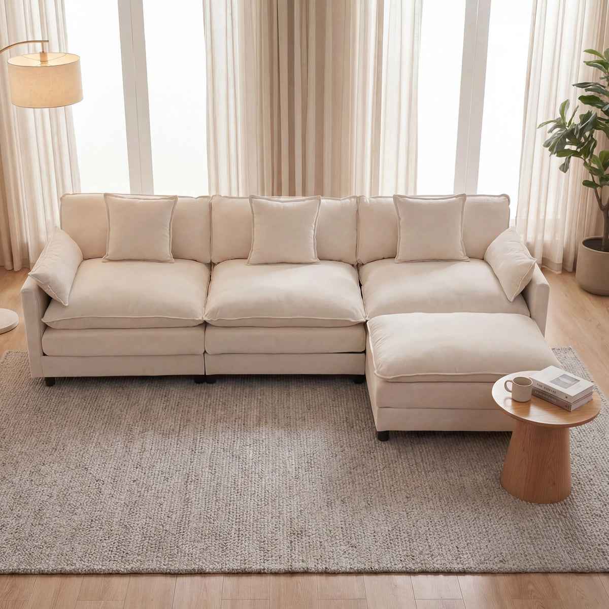 107" Modular Sectional Sofa Set with Ottoman, L-Shaped Convertible Couch, 3-Seats Chenille Deep Seat Sofa with Pillows for Living Room, Bedroom and Apartment